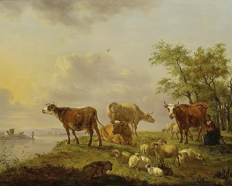 Balthasar Ommeganck - Contadina che munge le mucche al pascolo
